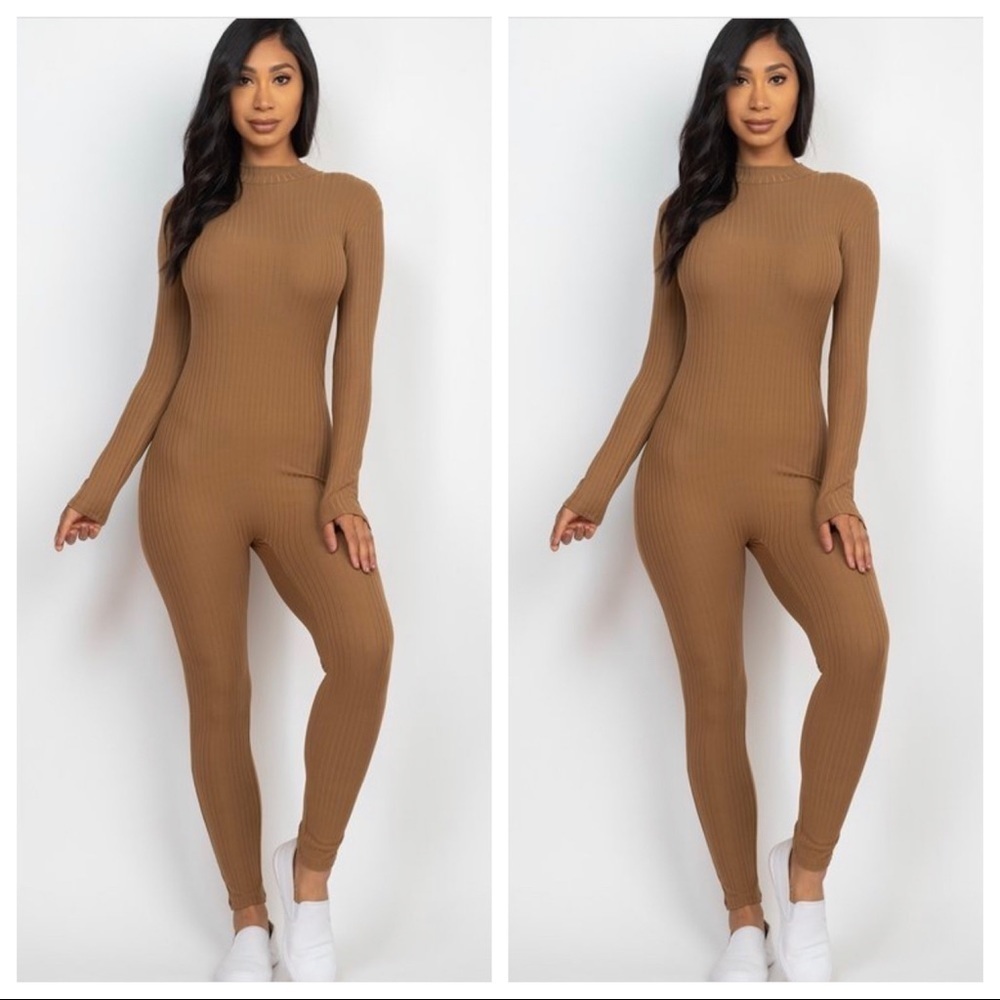 NEW FALL TRENDY MOCHA RIBBED MOCK NECK LONG SLEEVE MOCK NECK JUMPSUIT ROMPER